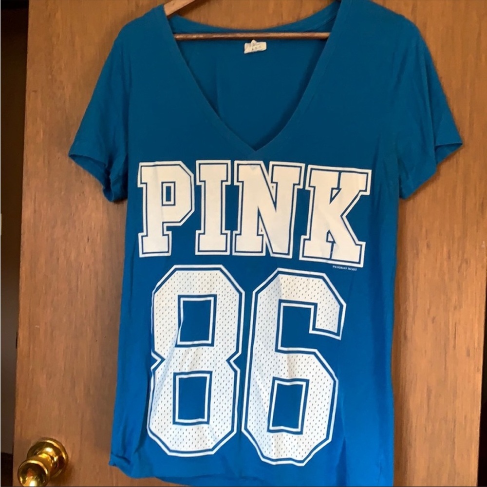 Blue Victoria secret PINK v-neck athletic #86 t-shirt